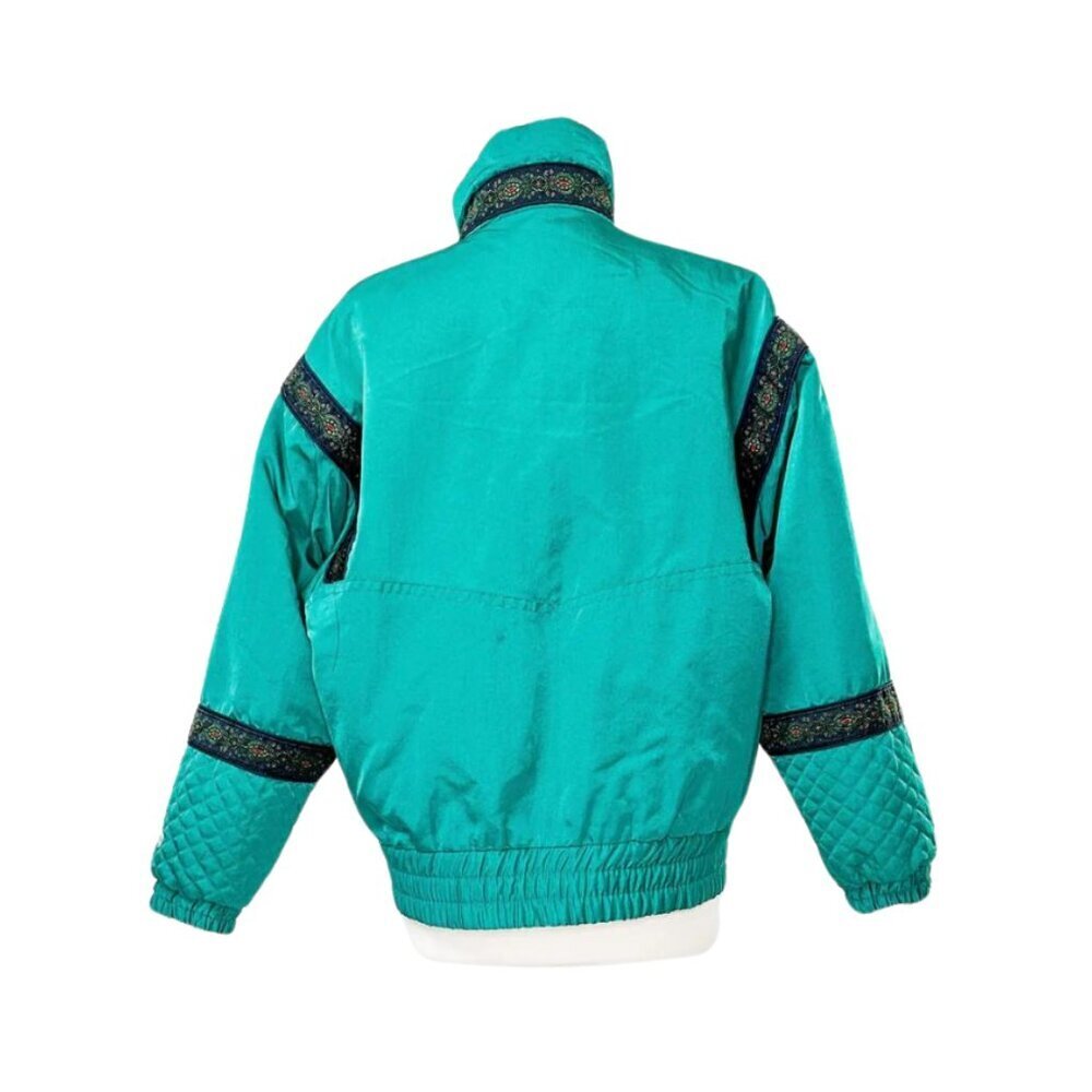 Vintage 80’s Fera Ski Wear Bright Teal Green Blue Ribbon Trim Winter Puffer Coat - Picture 3 of 6